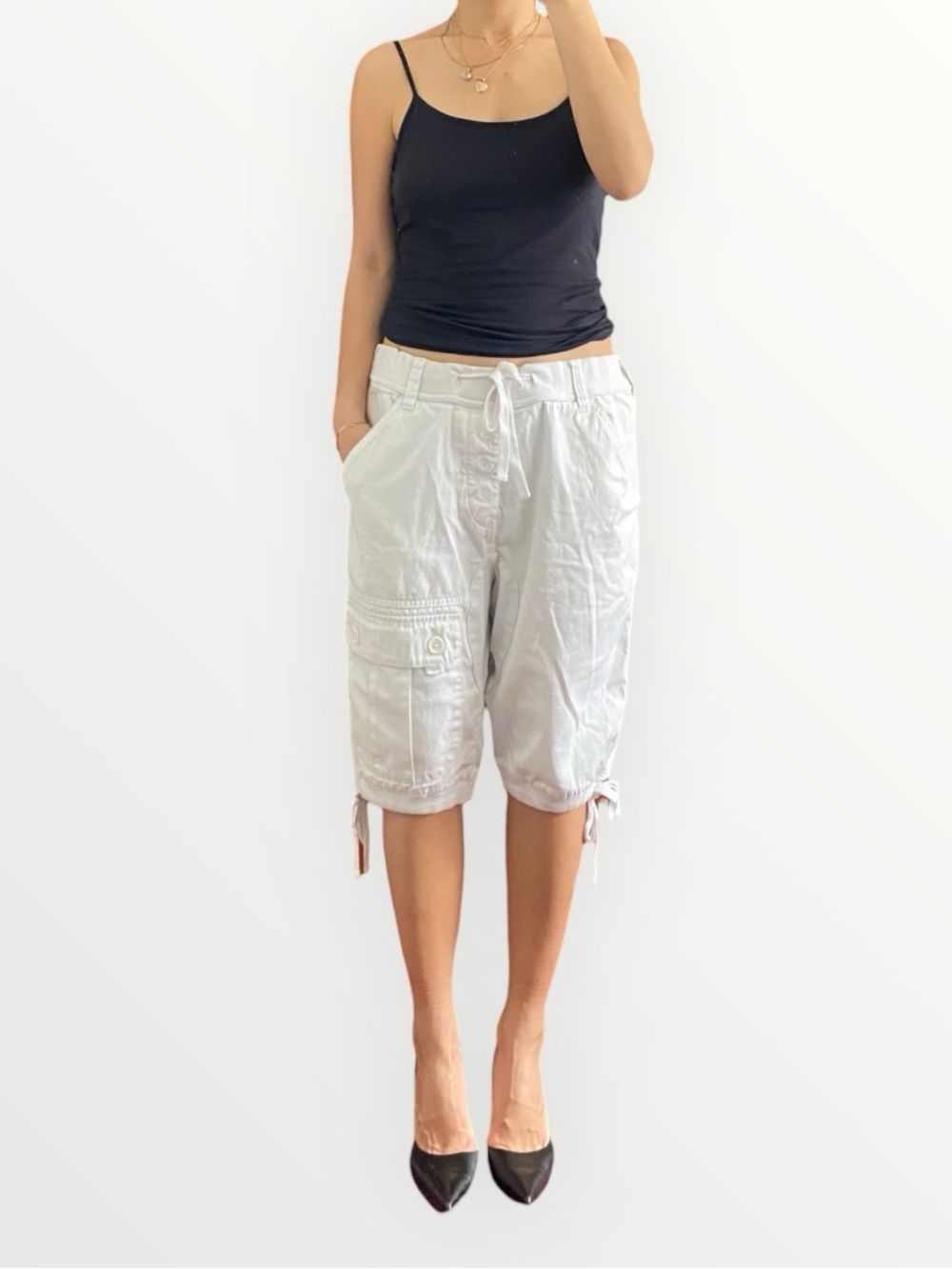 Mens White Cargo Drawstring Bermuda Shorts Size M